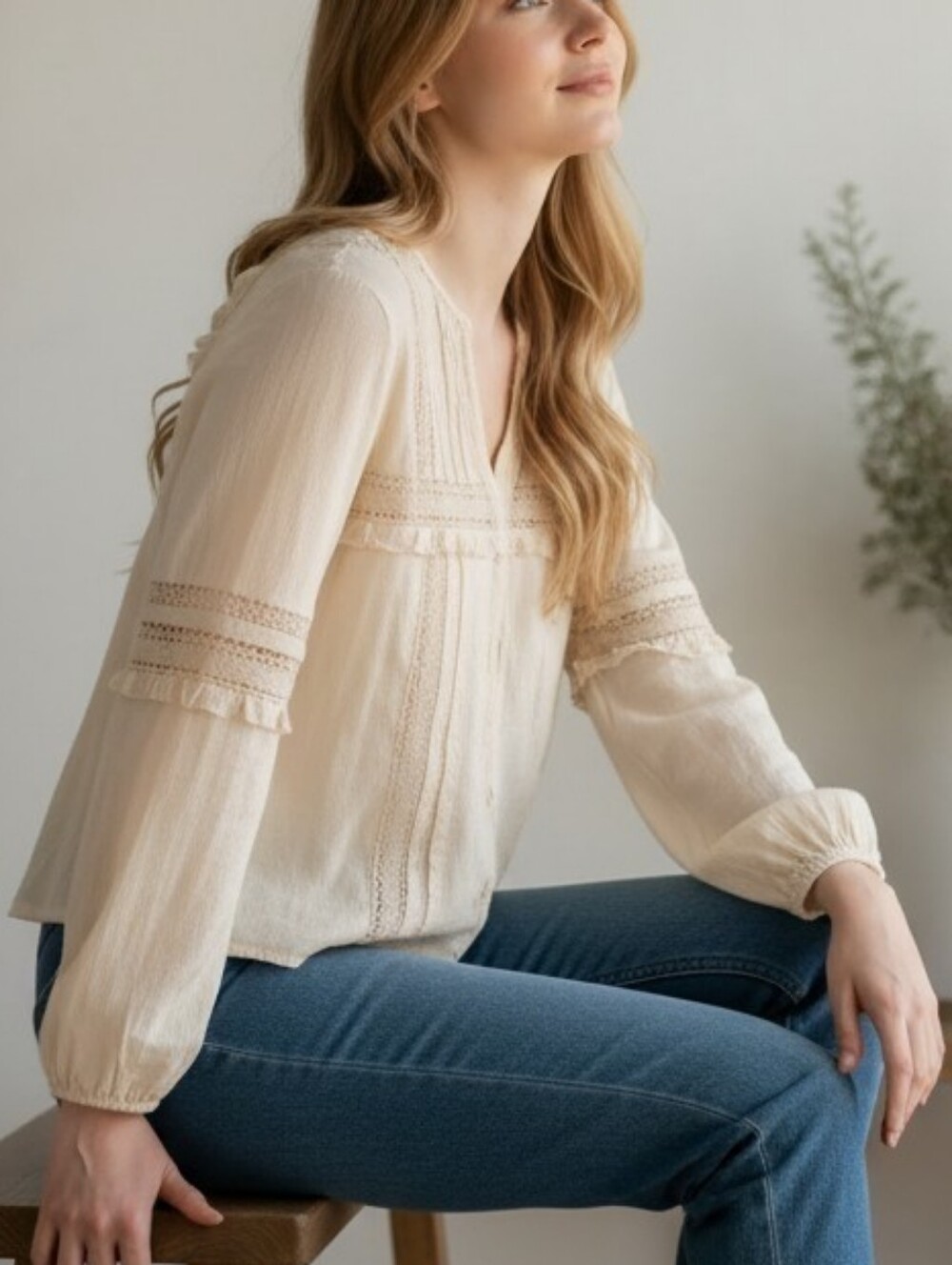 American Eagle Outfitters Cream Lace-Trim Peasant Blouse